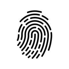 A black and white illustration of a fingerprint in a minimalist style