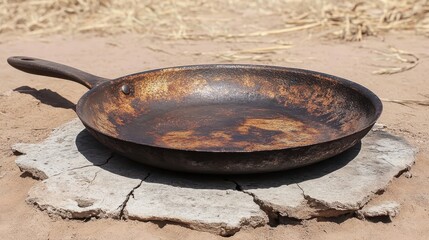 Rusty Frying Pan on Cracked Surface Surrounded by Brown Ground