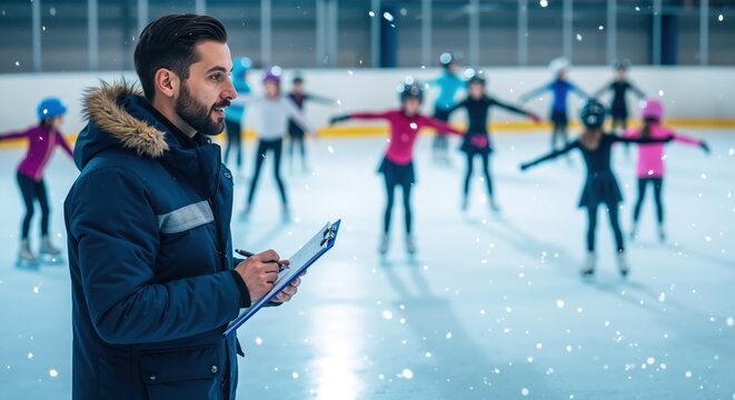 Ice skating coach with clipboard instructing synchronized team on ice rink. Professional instructor teaching group of skaters in colorful outfits. Winter sports education concept