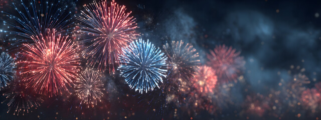 Fototapeta premium Independence Day 4th of July USA - Red blue white firework banner, silvester new year's eve, new year fireworks isolated on black night sky texture