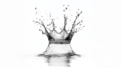 Crown shaped water splash forming droplets and creating on ripples the surface of a body of water against a light background