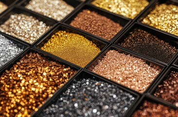 Close-up of different types and colors of metal particles in boxes
