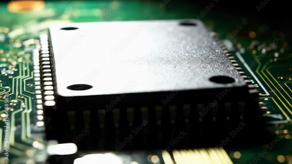 Aufkleber close up of shiny electronic computer microchip with pins connected to a green printed circuit board