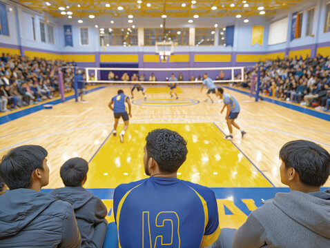 Group of young spectators watching an intense volleyball match in a vibrant gymnasium filled with enthusiastic fans, showcasing teamwork and athleticism in a competitive environment - Powered by Adobe