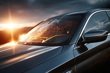 Reflective sunshade protecting car interior from sunlight and heat through front windshield on a bright summer day