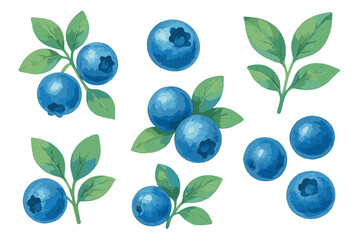 Blueberries arranged with leaves in a vibrant watercolor style showcasing fresh fruit and greenery