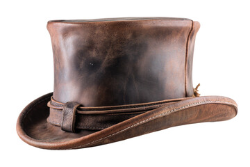 PNG Vintage brown leather top hat with curved brim on black background