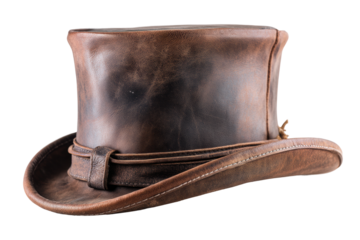 PNG Vintage brown leather top hat with curved brim on black background