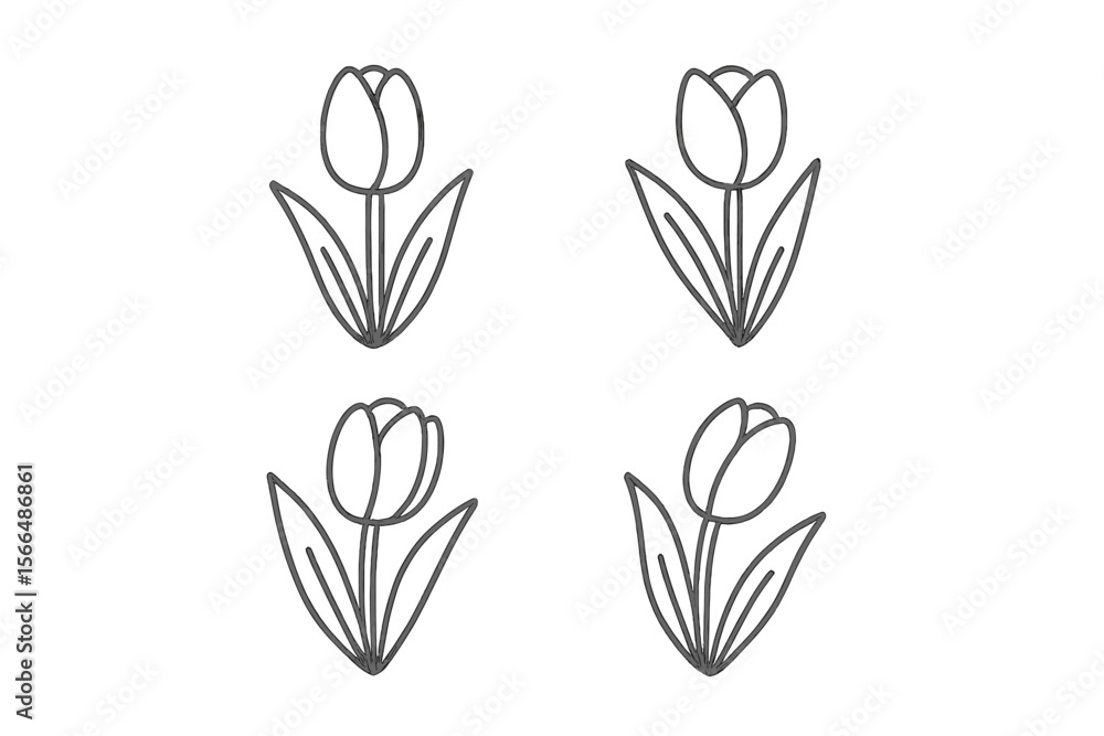 Poster beautiful simple line drawing of four tulips arranged in a grid pattern on a neutral background