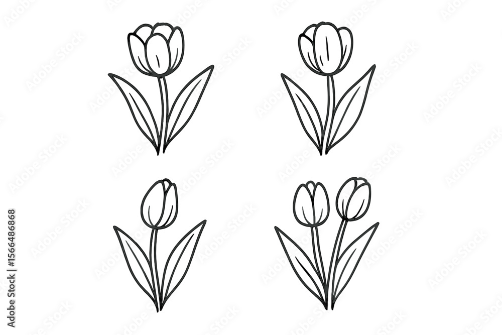 Poster simple line art of tulips in various arrangements on a white background ideal for spring decor and f