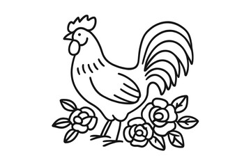 Obraz premium Elegant rooster standing among flowers, showcasing intricate details and a charming design in a minimalistic style