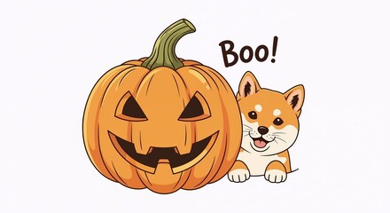 Cute kawaii pumpkin with witch hat and "Boo!" text on orange background. Adorable halloween character with big eyes and smile. October celebration concept