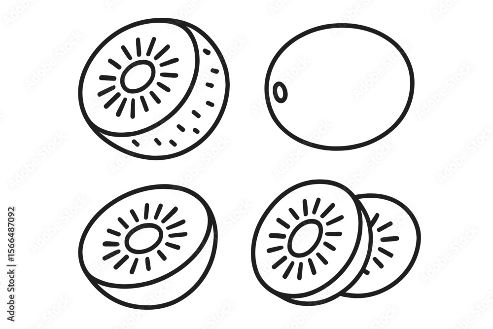 Poster various illustrations of kiwifruit displayed in different views and cuts, emphasizing their unique a