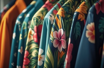Close-up of colorful Hawaiian shirts hanging on hangers, vibrant floral patterns in reds and yellows against bright blue backgrounds,