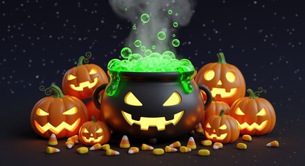 Black cauldron with green bubbling potion surrounded by carved jack-o-lantern pumpkins and candy corn. Halloween witch brewing scene with magical decorations. October festive concept