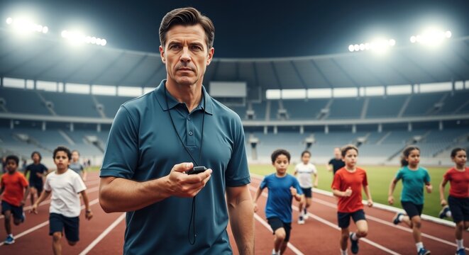 Athletic coach with crossed arms standing confidently on running track with children training. Sports instructor teaching kids during outdoor exercise session. Youth fitness concept - Powered by Adobe
