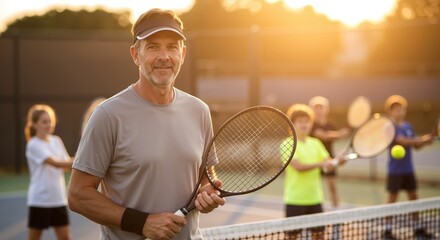 Smiling tennis coach with racket standing confidently on court during golden hour sunset. Athletic instructor teaching tennis skills in warm evening light. Sports education concept