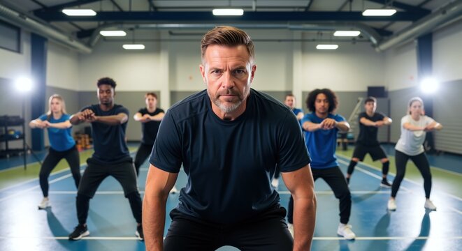 Fitness instructor with crossed arms leading group exercise class in modern gym facility. Athletic man coaching diverse people during workout session. Health wellness concept