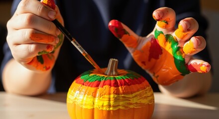 Hands with colorful paint creating vibrant artwork on pumpkin with paintbrush. Creative autumn craft activity with orange gourd decoration. Art education concept