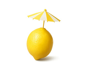 A creative summer concept featuring a fresh yellow lemon with a tiny cocktail umbrella. A fun and quirky food graphic isolated on a transparent background, PNG.