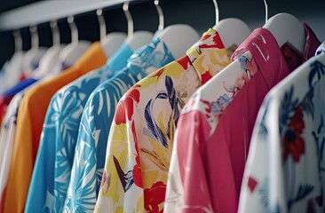 Close-up of colorful Hawaiian shirts hanging on hangers, vibrant floral patterns in reds and yellows against bright blue backgrounds,