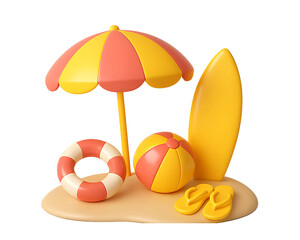 A set of 3D summer beach icons in warm colors. Includes a surfboard, umbrella, ball, and lifebuoy for vacation or holiday graphics. Isolated collection on transparent background, PNG.