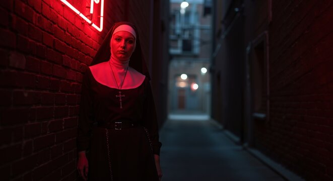 Nun in black habit with cross necklace standing in dark alley with red neon light. Urban night scene. Religious and horror thriller concept. Halloween movies, streaming services sale