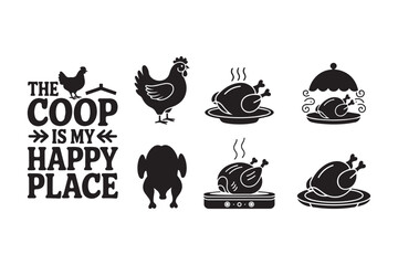 Chicken Coop and Roasted Food Icon Set Vector Illustration