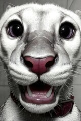 Fototapeta premium A close up of a white cat with purple eyes and a red collar