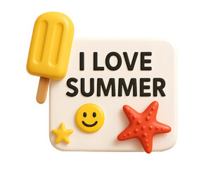 I Love Summer 3D graphic with a popsicle, starfish, and smiley face. A cute seasonal sign and sticker for social media posts, greeting cards, or promotions. Isolated, PNG.