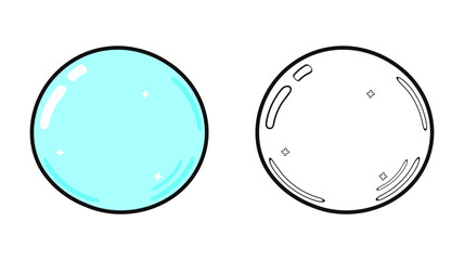 A colorful illustration of a blue bubble and a black and white outline of a bubble.