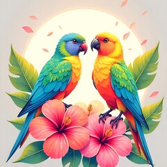 Fototapeta premium Two colorful macaw parrots perched on tropical hibiscus flowers