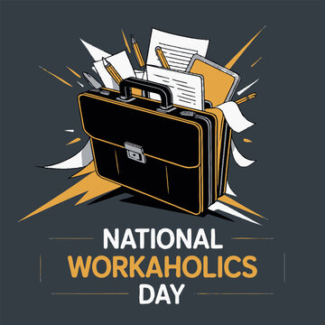 National Workaholics Day Briefcase Full of Office Files Illustration with Burst Background