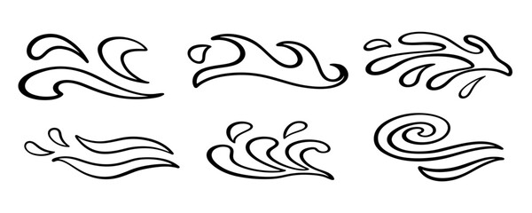 Abstract black ocean waves logo outline icons set