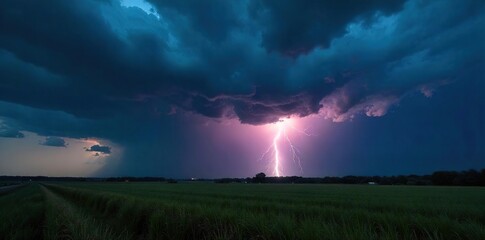 Breathtaking Thunderstorm Dark Clouds Unleash Intense Lightning and Heavy Rain over Dramatic Landscape