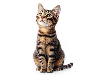 Obraz premium Adorable young tabby cat sitting against white background