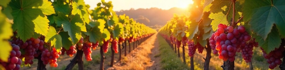 Sun-Drenched Vineyards Ripe Grapes Ready for Autumn Harvest.  A bountiful countryside scene showcasing vibrant colors and the promise of a delicious wine harvest.