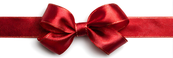 Red satin gift ribbon with bow, isolated on white background. Bright red gift ribbon tied in a shiny bow, isolated on a clean white background. Perfect for celebration, packaging, or festive design.