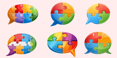 Collection of multicolor puzzle pieces forming speech bubbles. Vector illustration. 