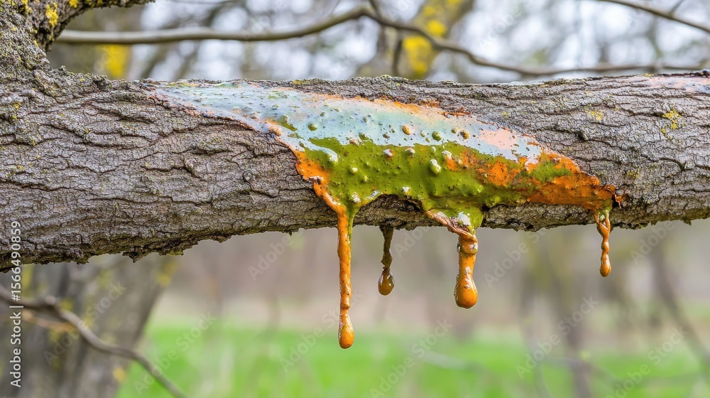 Aufkleber nature's colorful tree sap dripping from bark in a forest setting