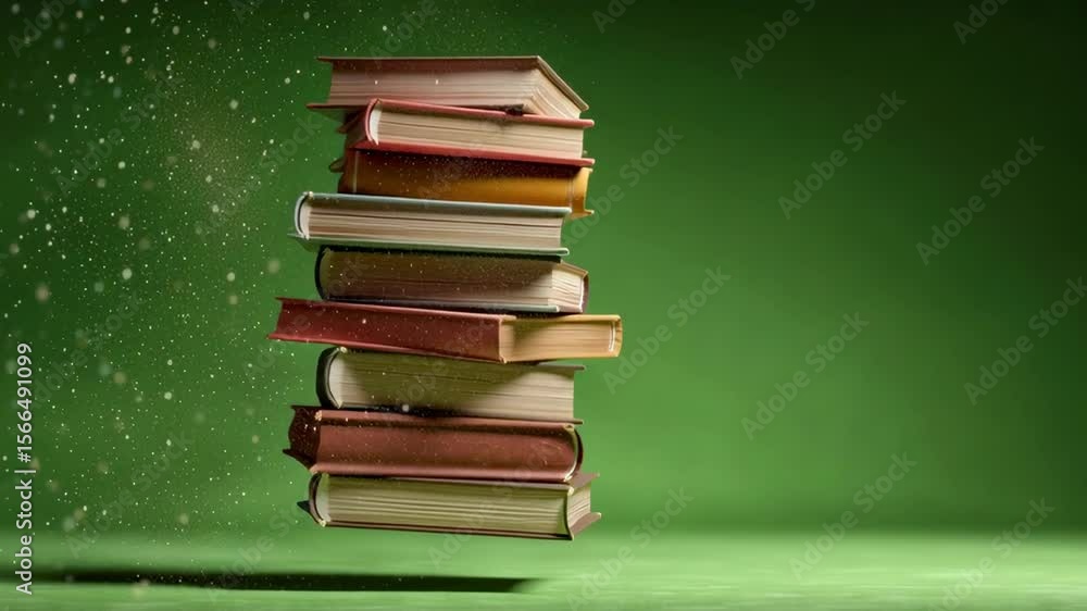 Poster Levitating Stack of Colorful Books on a Green Background Enhancing the Concept of Knowledge and Imagination