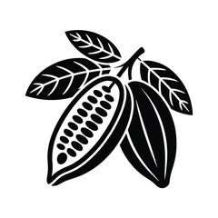 A black and white minimalist illustration of a cocoa pod and leaves