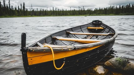 Obraz premium Rustic wooden rowboat resting peacefully on the calm lake waters under a cloudy sky landscape