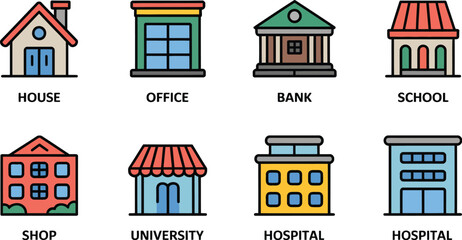 Illustration of eight different building types including house office bank and school hospital shop