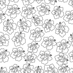 Summer line art hand drawn vector seamless pattern with hibiscus minimalist, Summer Beach collection. 