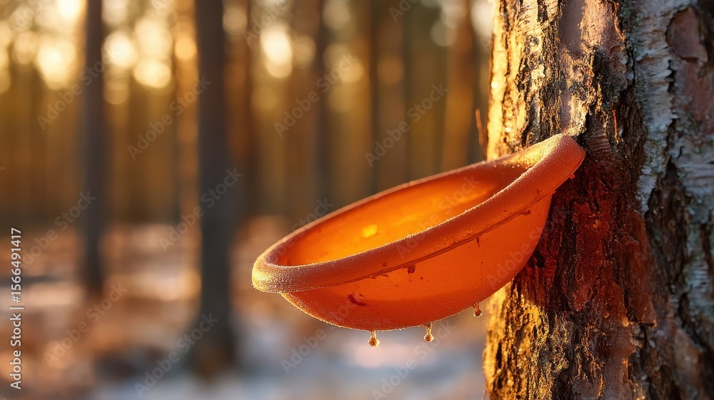 Aufkleber orange bowl for collecting sap from tree trunk in forest setting