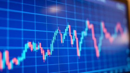 A financial chart with red and blue lines showing a fluctuating trend against a blue grid background.
