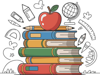Stack of colorful books with an apple and pencil on top surrounded by school supplies drawings