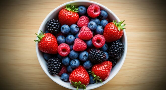 strawberries and blueberries in a soft white bowl on the wooden table 