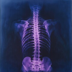 Close-up X-ray of the human body, depicting back pain, with a purple glow on the spine area, against a blue background,